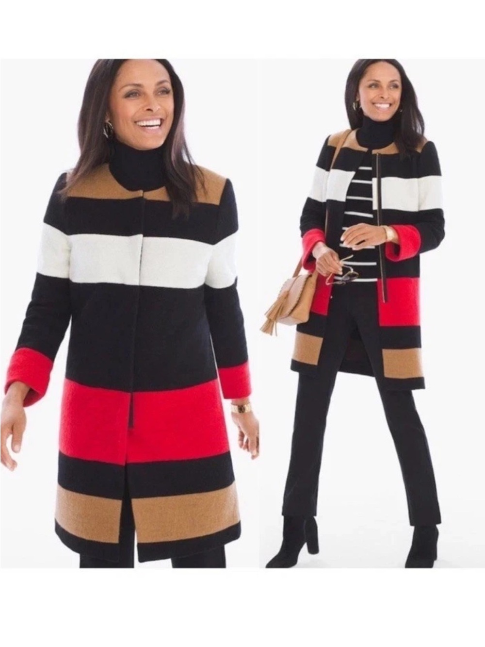 Chicos Color-block Striped Wool Full Zip Long Sleeve Coat Jacket Size 4 XXL BNWT